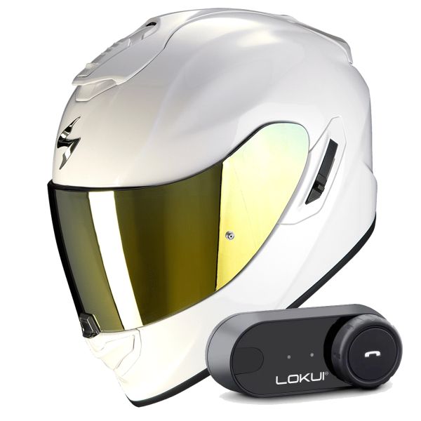 Casque Integral Scorpion Exo 1400 Evo II Air Solid Pearl White + Kit Bluetooth Lokui K30