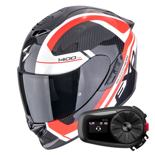Casque Integral Scorpion Exo 1400 Evo II Carbon Air Enko Black Red White + Kit Bluetooth 5S Solo