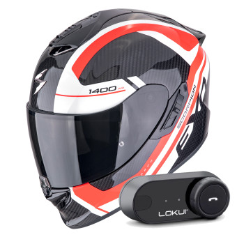 Casque Integral Scorpion Exo 1400 Evo II Carbon Air Enko Black Red White +Kit Bluetooth Lokui K30