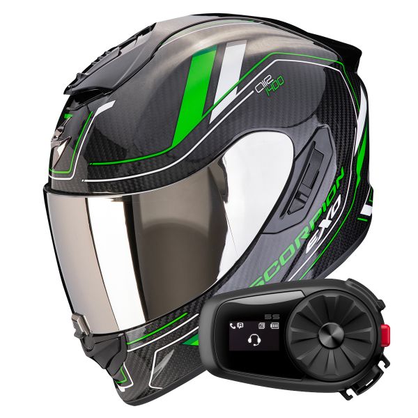 Casque Integral Scorpion Exo 1400 Evo II Carbon Air Mirage Black Green + Kit Bluetooth 5S Solo