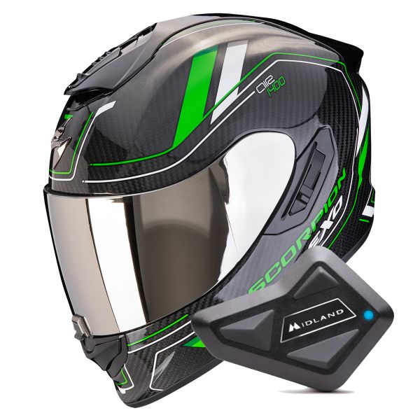 Casque Integral Scorpion Exo 1400 Evo II Carbon Air Mirage Black Green + Kit Bluetooth BT Mini