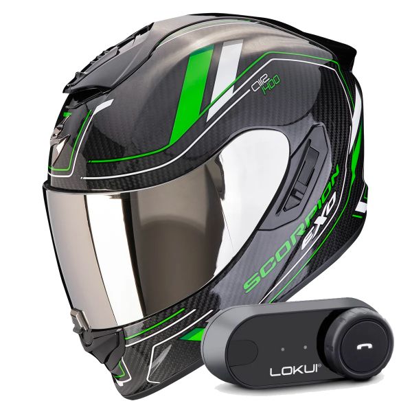 Casque Integral Scorpion Exo 1400 Evo II Carbon Air Mirage Black Green + Kit Bluetooth Lokui K30