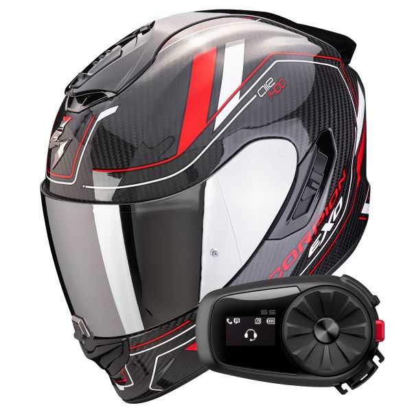 Casque Integral Scorpion Exo 1400 Evo II Carbon Air Mirage Black Red White + Kit Bluetooth 5S Sol