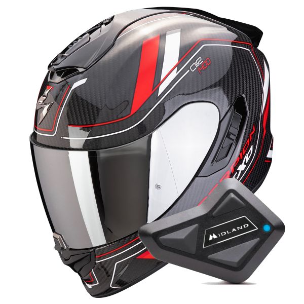 Casque Integral Scorpion Exo 1400 Evo II Carbon Air Mirage Black Red White + Kit Bluetooth BT Min