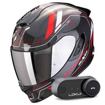 Casque Integral Scorpion Exo 1400 Evo II Carbon Air Mirage Black Red White + Kit Bluetooth Lokui