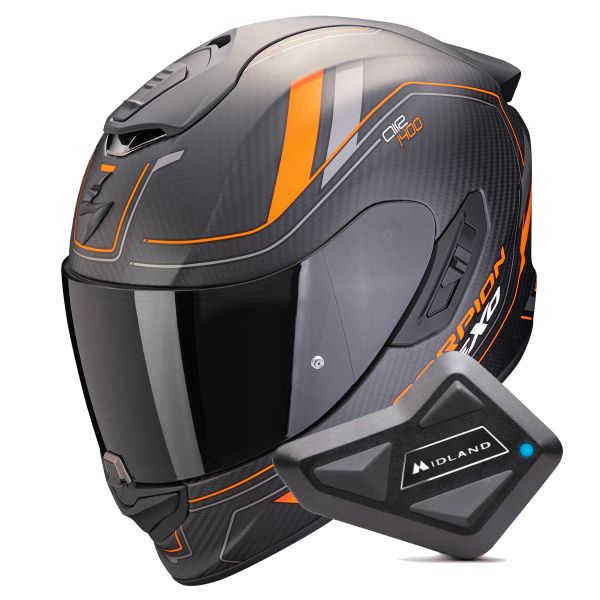 Casque Integral Scorpion Exo 1400 Evo II Carbon Air Mirage Matt Black Orange + Kit Bluetooth BT M