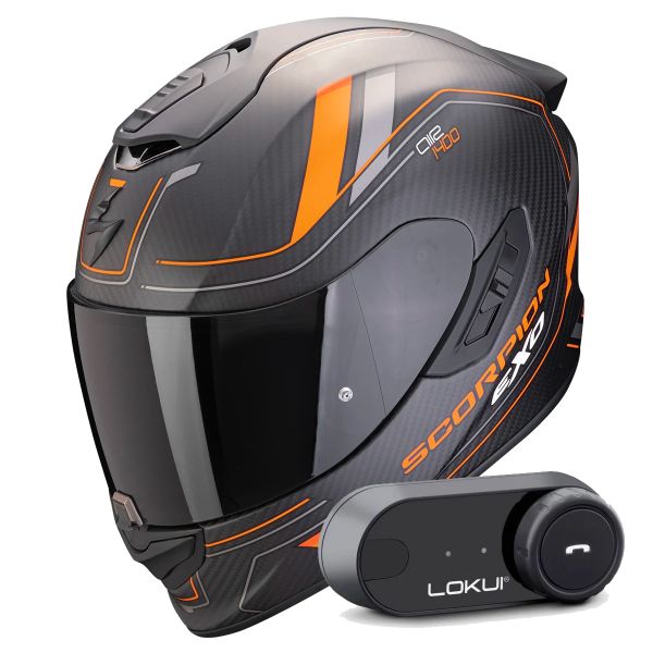 Casque Integral Scorpion Exo 1400 Evo II Carbon Air Mirage Matt Black Orange + Kit Bluetooth Loku