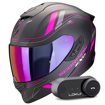 Casque Integral Scorpion Exo 1400 Evo II Carbon Air Mirage Matt Black Pink + Kit Bluetooth Lokui