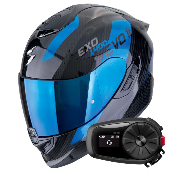 Casque Integral Scorpion Exo 1400 Evo II Carbon Air Platted Black Blue + Kit Bluetooth 5S Solo