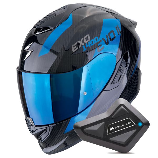 Casque Integral Scorpion Exo 1400 Evo II Carbon Air Platted Black Blue + Kit Bluetooth BT Mini