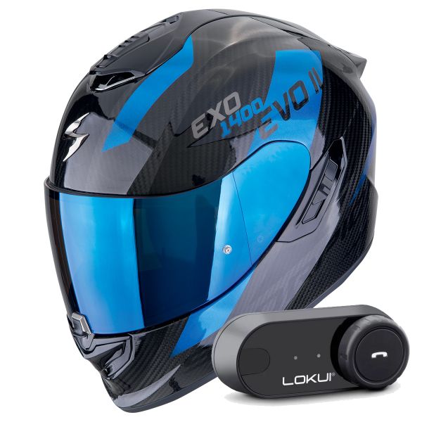 Casque Integral Scorpion Exo 1400 Evo II Carbon Air Platted Black Blue + Kit Bluetooth Lokui K30