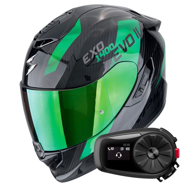 Casque Integral Scorpion Exo 1400 Evo II Carbon Air Platted Black Green + Kit Bluetooth 5S Solo