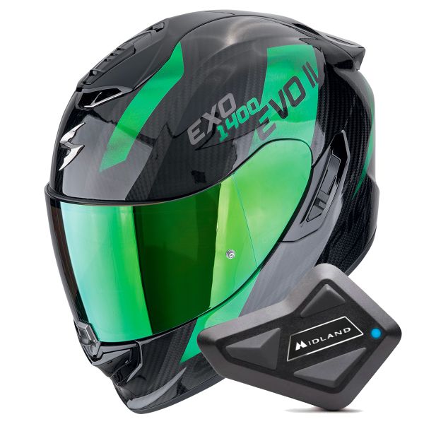 Casque Integral Scorpion Exo 1400 Evo II Carbon Air Platted Black Green + Kit Bluetooth BT Mini