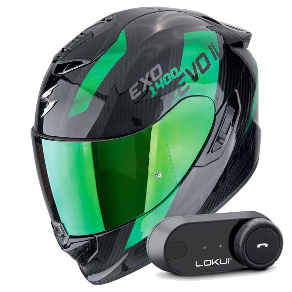 Casque Integral Scorpion Exo 1400 Evo II Carbon Air Platted Black Green + Kit Bluetooth Lokui K30