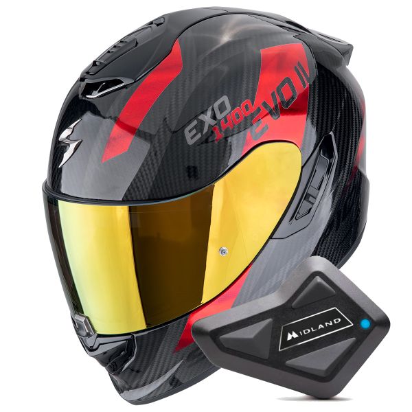 Casque Integral Scorpion Exo 1400 Evo II Carbon Air Platted Black Red + Kit Bluetooth BT Mini