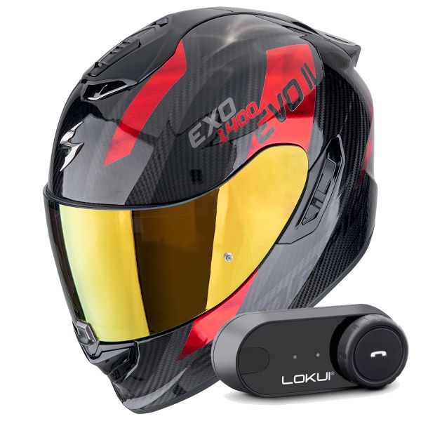 Casque Integral Scorpion Exo 1400 Evo II Carbon Air Platted Black Red + Kit Bluetooth Lokui K30