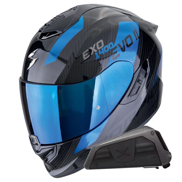 Casque Integral Scorpion Exo 1400 Evo II Carbon Air Platted Blue + Kit bluetooth Exo-Com Link-1