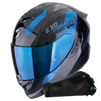 Casque Integral Scorpion Exo 1400 Evo II Carbon Air Platted Blue + Kit bluetooth Exo-Com Link-1C