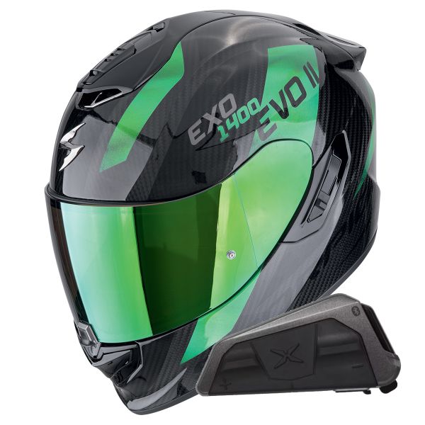 Casque Integral Scorpion Exo 1400 Evo II Carbon Air Platted Green + Kit bluetooth Exo-Com Link-1