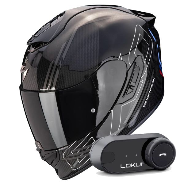 Casque Integral Scorpion Exo 1400 Evo II Carbon Air Reika Black Silver Blue + Kit Bluetooth Lokui