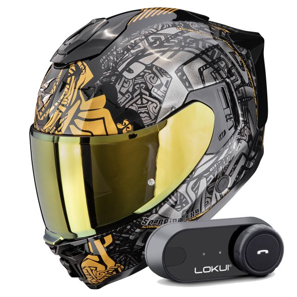 Casque Integral Scorpion Exo 1500 Air Apus Black Grey Gold + Kit Bluetooth Lokui K30