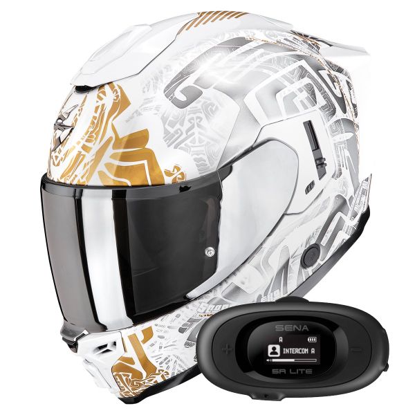 Casque Integral Scorpion Exo 1500 Air Apus Pearl White Grey Gold +  Kit bluetooth 5R Lite Solo