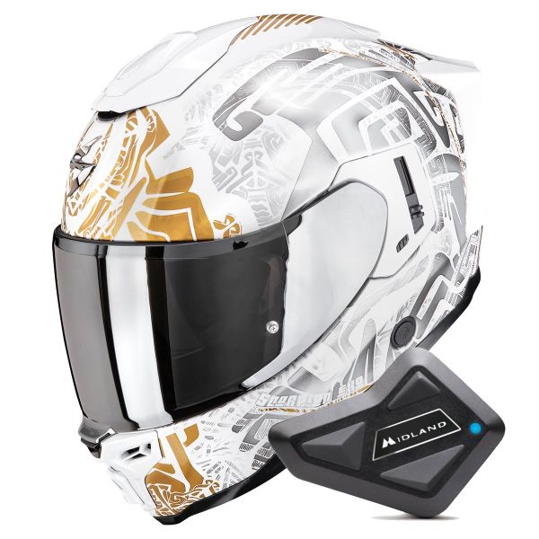 Casque Integral Scorpion Exo 1500 Air Apus Pearl White Grey Gold + Kit Bluetooth BT Mini