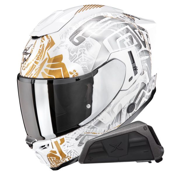 Casque Integral Scorpion Exo 1500 Air Apus Pearl White Grey Gold + Kit bluetooth Exo-Com Link-1