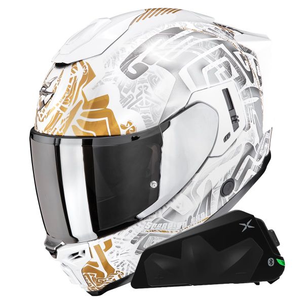 Casque Integral Scorpion Exo 1500 Air Apus Pearl White Grey Gold + Kit bluetooth Exo-Com Link-1C