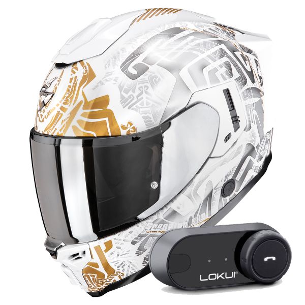 Casque Integral Scorpion Exo 1500 Air Apus Pearl White Grey Gold + Kit Bluetooth Lokui K30