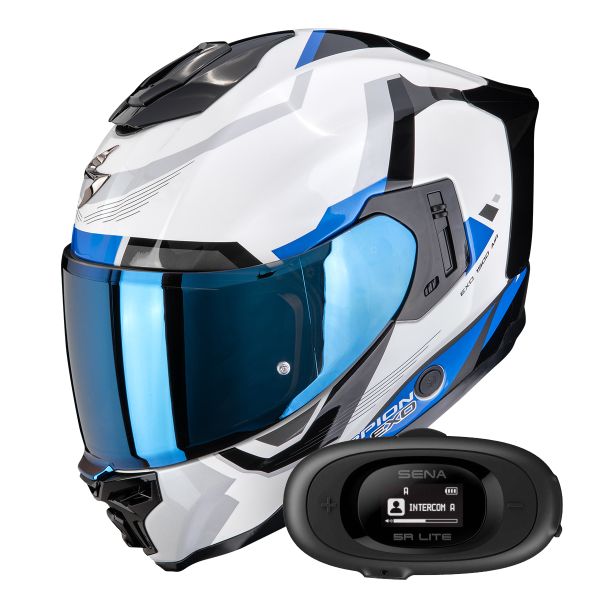Casque Integral Scorpion Exo 1500 Air Arena White Blue + Kit bluetooth 5R Lite Solo