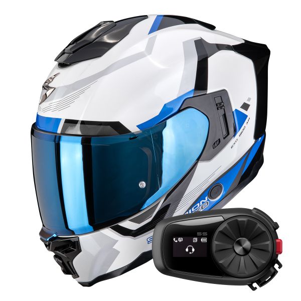 Casque Integral Scorpion Exo 1500 Air Arena White Blue + Kit Bluetooth 5S Solo