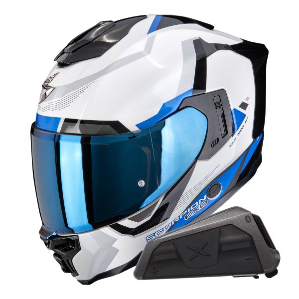 Casque Integral Scorpion Exo 1500 Air Arena White Blue + Kit bluetooth Exo-Com Link-1