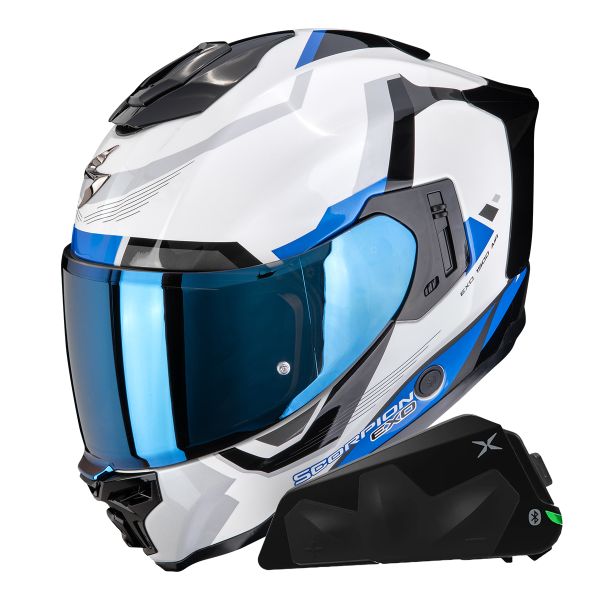 Casque Integral Scorpion Exo 1500 Air Arena White Blue + Kit bluetooth Exo-Com Link-1C