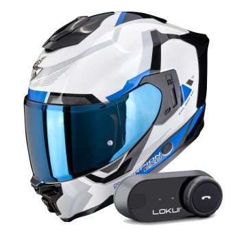 Casque Integral Scorpion Exo 1500 Air Arena White Blue + Kit Bluetooth Lokui K30