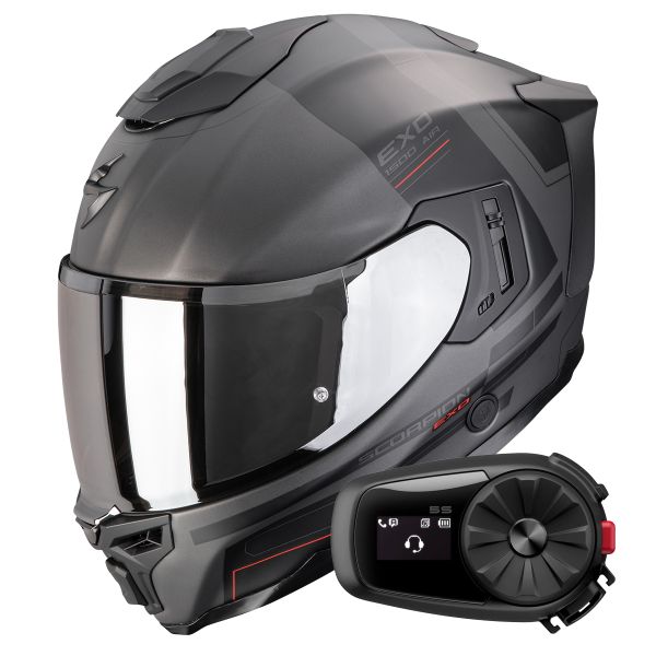 Casque Integral Scorpion Exo 1500 Air Dual Matt Silver Black Red + Kit Bluetooth 5S Solo