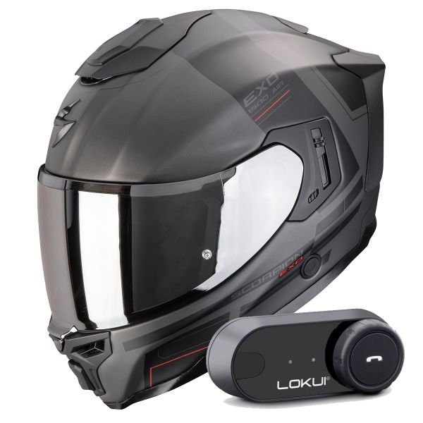 Casque Integral Scorpion Exo 1500 Air Dual Matt Silver Black Red + Kit Bluetooth Lokui K30
