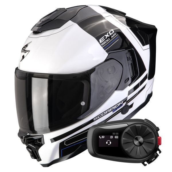 Casque Integral Scorpion Exo 1500 Air Dual White Black Blue + Kit Bluetooth 5S Solo