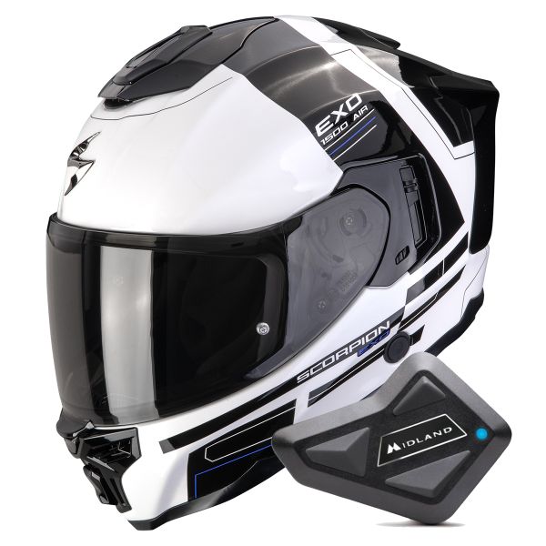 Casque Integral Scorpion Exo 1500 Air Dual White Black Blue + Kit Bluetooth BT Mini