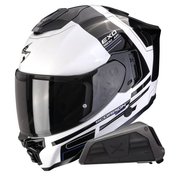 Casque Integral Scorpion Exo 1500 Air Dual White Black Blue + Kit bluetooth Exo-Com Link-1