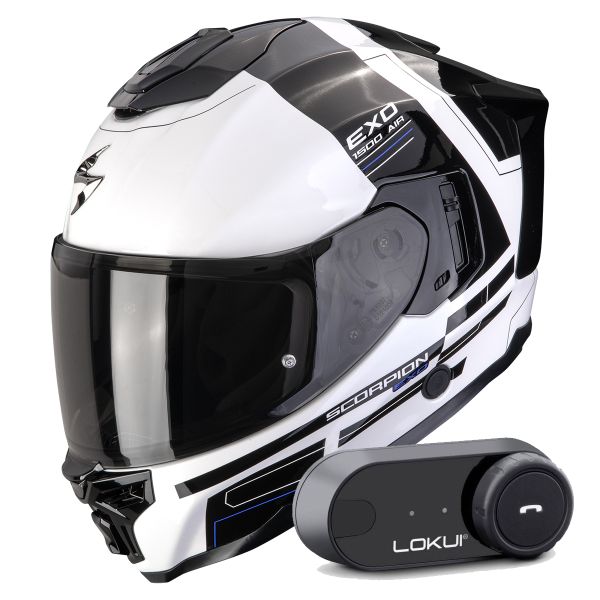 Casque Integral Scorpion Exo 1500 Air Dual White Black Blue + Kit Bluetooth Lokui K30