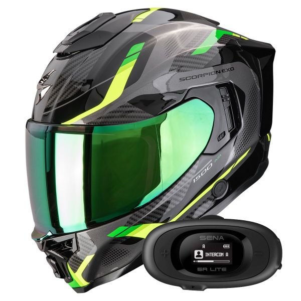 Casque Integral Scorpion Exo 1500 Air Sleek Black Green + Kit bluetooth 5R Lite Solo