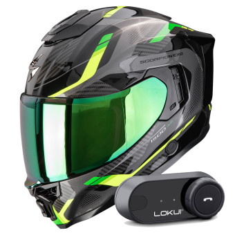 Casque Integral Scorpion Exo 1500 Air Sleek Black Green + Kit Bluetooth Lokui K30