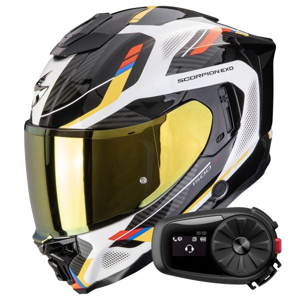 Casque Integral Scorpion Exo 1500 Air Sleek White Blue Yellow + Kit Bluetooth 5S Solo