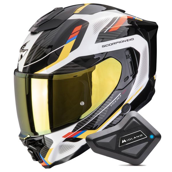 Casque Integral Scorpion Exo 1500 Air Sleek White Blue Yellow + Kit Bluetooth BT Mini