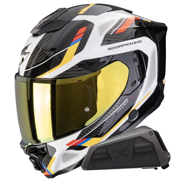 Casque Integral Scorpion Exo 1500 Air Sleek White Blue Yellow + Kit bluetooth Exo-Com Link-1
