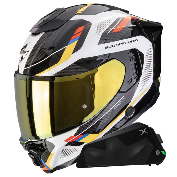 Casque Integral Scorpion Exo 1500 Air Sleek White Blue Yellow + Kit bluetooth Exo-Com Link-1C