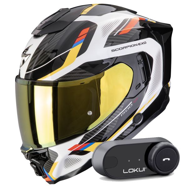 Casque Integral Scorpion Exo 1500 Air Sleek White Blue Yellow + Kit Bluetooth Lokui K30