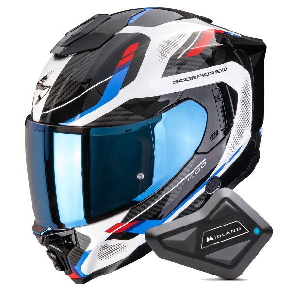 Casque Integral Scorpion Exo 1500 Air Sleek White Red Blue + Kit Bluetooth BT Mini