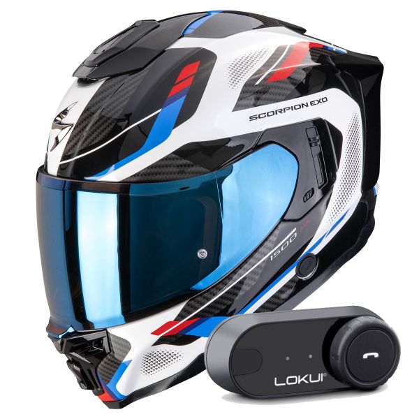 Casque Integral Scorpion Exo 1500 Air Sleek White Red Blue + Kit Bluetooth Lokui K30